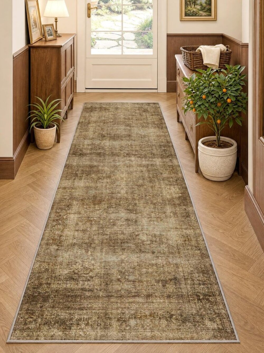 2x6 Washable Brown Vintage Distressed Runner Rug for Hallway